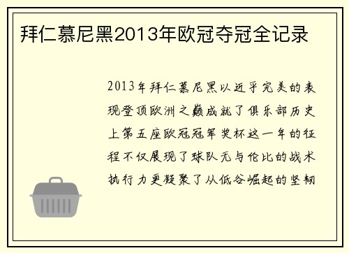 拜仁慕尼黑2013年欧冠夺冠全记录